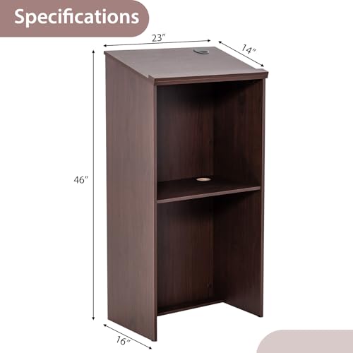Tangkula Floor Standing Podium, Wooden Speaking Lectern Hostess Stand with 2-Tier Shelves & Dual Cable Holes, Standing Lectern Desk for Meeting Room, School, Churches, Auditorium, Classroom