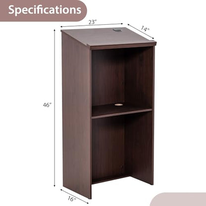 Tangkula Floor Standing Podium, Wooden Speaking Lectern Hostess Stand with 2-Tier Shelves & Dual Cable Holes, Standing Lectern Desk for Meeting Room, School, Churches, Auditorium, Classroom