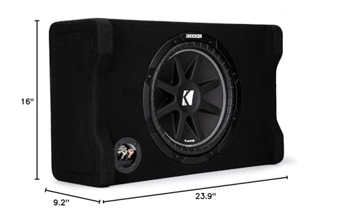KICKER 48CDF124 Comp 12" Subwoofer in Down Firing Enclosure, 4-Ohm | Loaded ported box design, space-saving behind-seat truck fit, protected downward woofer, deep bass output, easy install