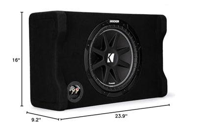KICKER 48CDF124 Comp 12" Subwoofer in Down Firing Enclosure, 4-Ohm | Loaded ported box design, space-saving behind-seat truck fit, protected downward woofer, deep bass output, easy install
