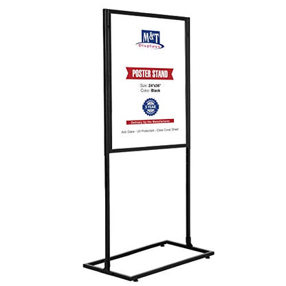 M&T Displays Metal Eco Info Board, Black 24x36 Inches Slide-In Poster Sign Holder 1 Tier Double Sided Floor Standing Pedestal Advertising Display with Backing and Anti-Glare PET Cover
