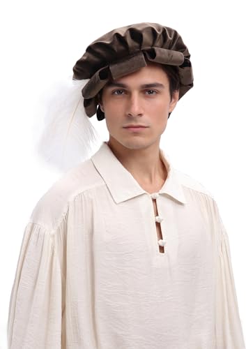 Renaissance Roll Hem Beret for Men Medieval Tudor Slit Hat with Feather Fantasy Costume Accessories - color: Brown