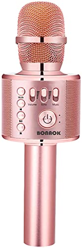 BONAOK Wireless Bluetooth Karaoke Microphone, 3-in-1 Portable Handheld Mic Speaker Machine with Built-in Non-Detachable Battery, for All Smartphones, Gifts to Girls, Boys Kids Adults All Age - color: Champagne
