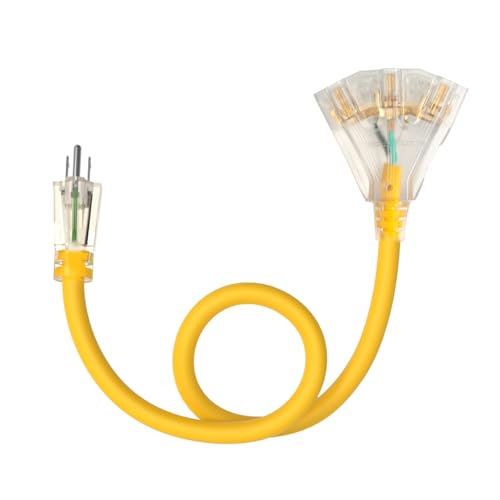 3ft 12/3 Gauge Heavy Duty 3-Outlet Lighted Outdoor Extension Cord ETL | 15A 1875W, pure copper STW waterproof -58°F to 140°F, garage, kitchen, water heater, smart devices, outdoor use, 3-prong