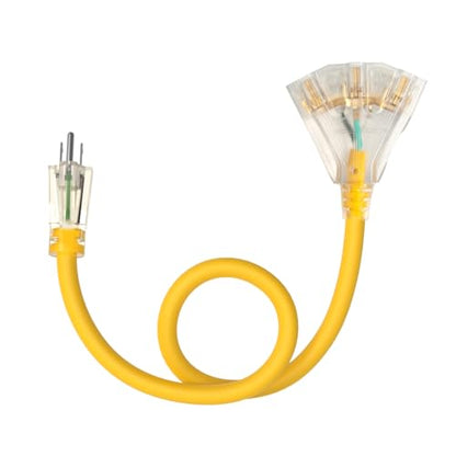 3ft 12/3 Gauge Heavy Duty 3-Outlet Lighted Outdoor Extension Cord ETL | 15A 1875W, pure copper STW waterproof -58°F to 140°F, garage, kitchen, water heater, smart devices, outdoor use, 3-prong