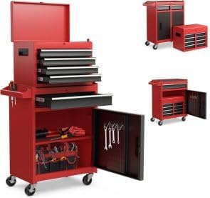 Heavy Duty 5-Drawer Rolling Tool Chest, 2-in-1 Detachable Top Tool Box, Locking Steel Storage Cabinet Cart on Wheels, Red&Black - color: Red&black, size: 5 Drawers