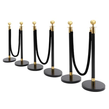 6Pcs Stainless Steel Stanchion Post, Crowd Control Barriers Red Carpet Poles with 5ft Velvet Ropes & 37.4in Posts, Line Dividers for Wedding Theater Party Hotel (Black & Gold) - color: Black & Gold