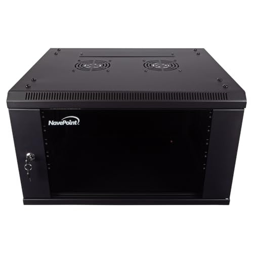 NavePoint 6U Server Cabinet Wall Mount Rack Enclosure Includes 2 Fans, Locking Glass Door, Removable Side Panels – 6U Network Cabinet 17.7” Deep, 19 Inch Server Rack for IT and A/V Equipment - size: 6U - 450mm Depth