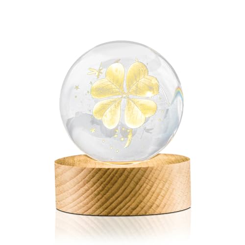 Flexzion 3D Clover Crystal Ball Night Light - LED Light Hologram Glass Lamp with Solid Wood Base, USB Powered Crystal Ball Lamp with Adjustable Brightness for Home Decor Display Gift, 2.4inch(60mm) | Clover Lamp with Solid Beech Wood Base and Adjustable B