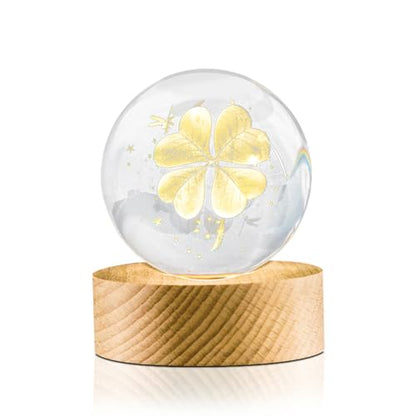 Flexzion 3D Clover Crystal Ball Night Light - LED Light Hologram Glass Lamp with Solid Wood Base, USB Powered Crystal Ball Lamp with Adjustable Brightness for Home Decor Display Gift, 2.4inch(60mm) | Clover Lamp with Solid Beech Wood Base and Adjustable B