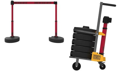 PL4013T Plus 75 ft Belt Barrier w/Cart Package & Tray | Mobile System, 5 Telescoping Stanchions, 15 ft Red "Danger High Voltage Keep Out" Retractable Banners, Accessory Tray - style: Red: Danger High Voltage Keep Out