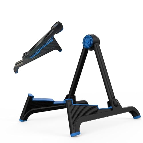 nalu Classic A-Frame Tripod Adjustable Guitar Stand for Acoustic Bass Electric Guitars and Ukuleles Folding Floor Stand Small Good for Traveling (BlueRubber+BlackFrame) - color: BlueRubber+BlackFrame