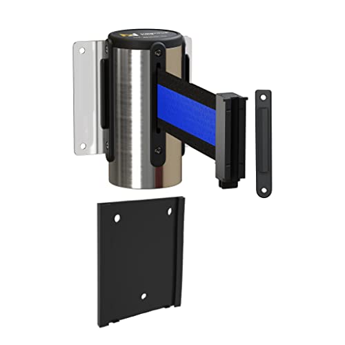 Montour Line WM115 Wall Mounted Retractable Belt Barrier with Standard Belt End, Removable Mount, Polished Stainless Steel Casing (8.5 ft Black with Horizontal Blue Stripe Belt) - color: Black with Horizontal Blue Stripe, size: 8.5 ft