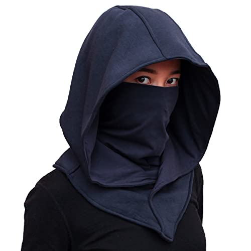 Assassin Hood and Mask Cotton Ninja Balaclava Adaptable Hoodie Casual Ren Faire Cosplay LARP Costume Cowl - color: Navy