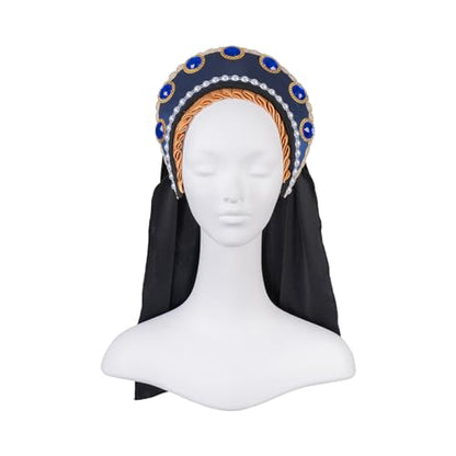 Willyacos Tudor French Hood Anne Boleyn Costume Headpiece Elizabethan Headwear Renaissance Tudor Hat Headdress Headband - color: Blue