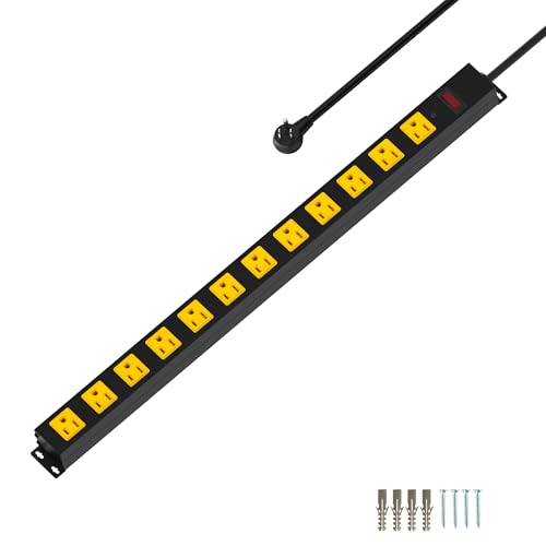 Metal 12 Outlet Mountable Power Strip, 2100J Surge Protector with Heavy Duty 6ft Extension Cord, Wide Spaced and Wall Mount Metal Powerstrip for Garage, Desk, Industrial, Shop and Indoor (6ft) - size: 6ft