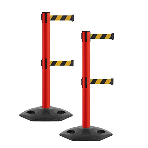 MSR650D Set of 2 Retractable Belt Barrier Stanchion, Heavy-Duty Rubber Base, Red Steel Post (14 ft Black and Yellow Diagonal Belt) - color: Black and Yellow Diagonal, size: Red Steel