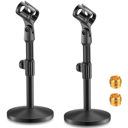 Hoteam 2 Pcs 2 Pcs Desktop Mic Stand Adjustable with Clip, Metal Round Base | Tabletop Microphone Holder, 5/8 to 3/8 Adapter, Adjustable Height for Podcast Interview Recording, Stable Desk Setup