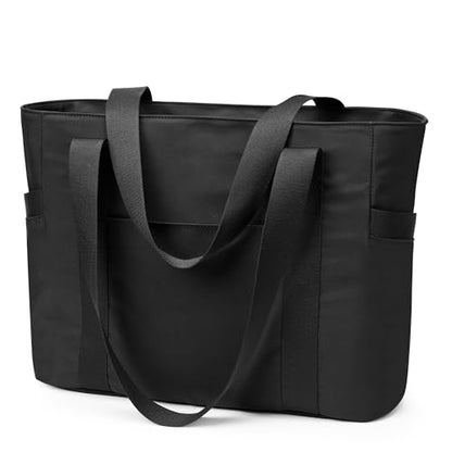 WLLWOO Large Tote Bag, 14” Laptop Work Travel Bag with Trolley Sleeve | Multi Pocket Water Splash Zipper Shoulder Handbag for Women Daily Nurse Gym Commute - color: Black