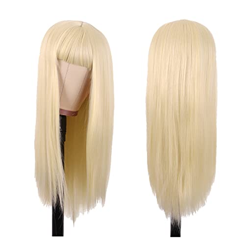 MapofBeauty 24 Inch Long Straight Flat Bangs Party Cosplay Wig,Mixed Blonde | 60 cm Synthetic Hair Wig, Heat Resistant, Women - color: Mixed Blonde