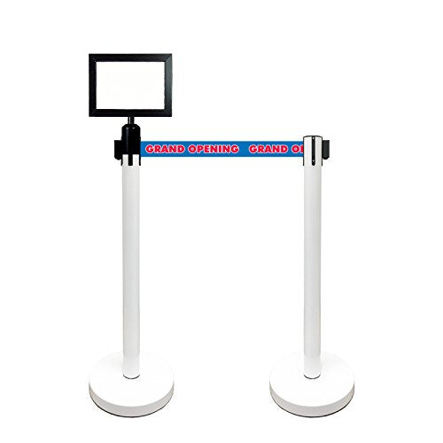 Retractable Stanchion, 6 SPECIALTY Posts + Signframe, 36" Ht, 78" Special Event & Holiday Theme Belt + Bonus Replacement Cassettes + Wall Receiver (WHT Post/Grand Opening Belt) - color: Wht Post/ Grand Opening Belt