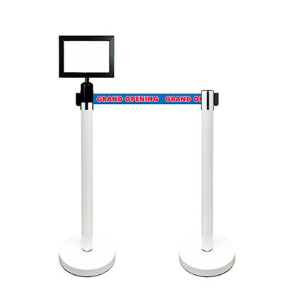 Retractable Stanchion, 6 SPECIALTY Posts + Signframe, 36" Ht, 78" Special Event & Holiday Theme Belt + Bonus Replacement Cassettes + Wall Receiver (WHT Post/Grand Opening Belt) - color: Wht Post/ Grand Opening Belt