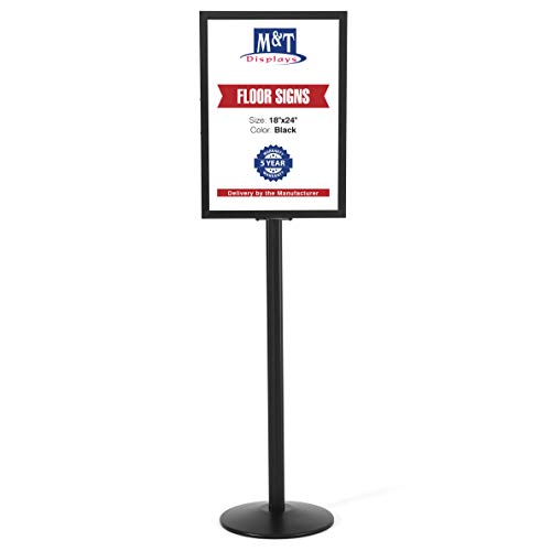 M&T Displays Sign Holder Stand, Black 18x24 Inch Poster Frame Double Sided Slide-In Aluminum Easy Loading Floor Standing Pedestal Advertisement Post Commercial Menu Holder Round Heavyweight Base - color: Black