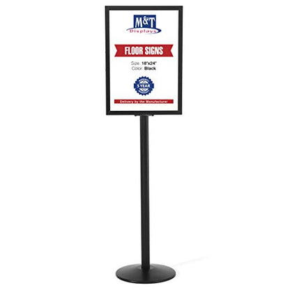 M&T Displays Sign Holder Stand, Black 18x24 Inch Poster Frame Double Sided Slide-In Aluminum Easy Loading Floor Standing Pedestal Advertisement Post Commercial Menu Holder Round Heavyweight Base - color: Black