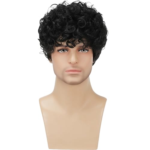 Mens Curly Wigs Black Short Wig Synthetic Heat Resistant Costume Wig Mens Daily Cosplay Party Halloween - color: C-Black