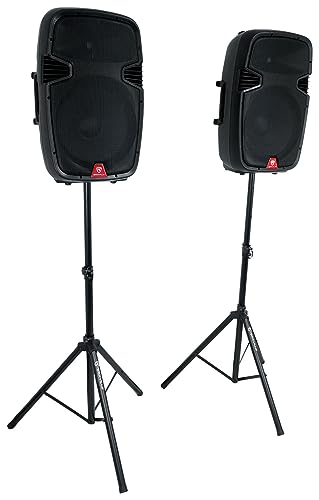 Rockville RAMSYS15 Bundle: (2) 15" Rechargeable DJ/PA Speakers, (2) Tripod Speaker Stands, (2) Wireless Microphones, 1000W Peak, Bluetooth, USB/SD, TWS, for Parties & Events, 6-Items