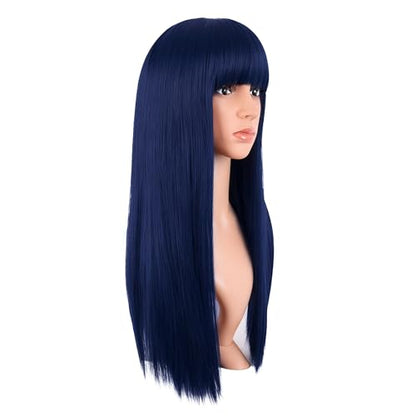 MapofBeauty 24 Inch Long Straight Flat Bangs Party Cosplay Wig, Dark Blue | 60 cm Synthetic Hair Wig, Heat Resistant, Women - color: Midnight Blue