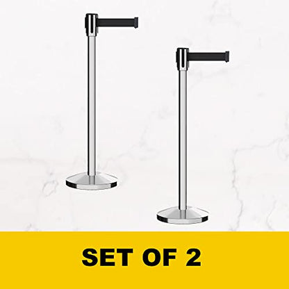 Montour Line M530 Set of 2 Retractable Belt Barrier Stanchion, Sloped Base, Polished Stainless Steel Post (7.5 ft Dark Blue Belt) - color: Dark Blue, size: 7.5 ft