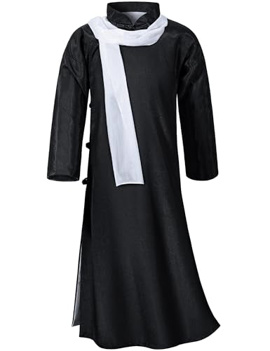Boys Girls Kids Dragon Tang Coat Chinese Traditional Clothing Master Martial Arts Fan Scarf Set Outfit - color: Black, size: 8-9Years(140cm)