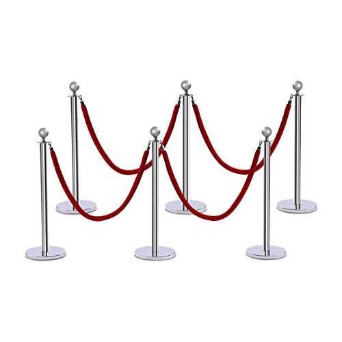 6PCS Stanchions and Velvet Ropes,4 Red 4.92" L Velvet Ropes and 37.4" H Stainless Steel Posts with Hollow Base, Crowd Control Barriers Stanchions, Carpet Runner Poles for Party Supplies,Sliver - color: Sliver