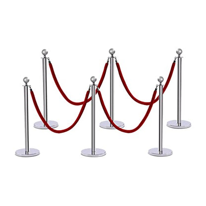 6PCS Stanchions and Velvet Ropes,4 Red 4.92" L Velvet Ropes and 37.4" H Stainless Steel Posts with Hollow Base, Crowd Control Barriers Stanchions, Carpet Runner Poles for Party Supplies,Sliver - color: Sliver