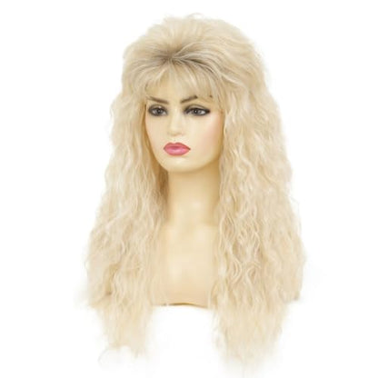 Blonde Long Curly Wig for Women 70s 80s Rocker Punk Wigs with Bangs Cosplay Halloween Costume Party Wigs - color: Long Gold