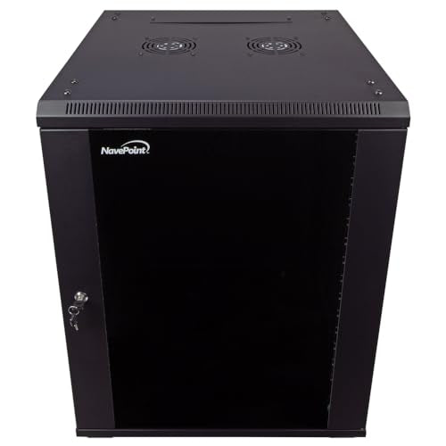 NavePoint 15U Server Cabinet Wall Mount Rack Enclosure with Caster Wheels, 2 Fans, Locking Glass Door, Removable Side Panels – 15U Network Cabinet 23.6” Deep, 19” Server Rack for IT Equipment - size: 15U - 600mm Depth