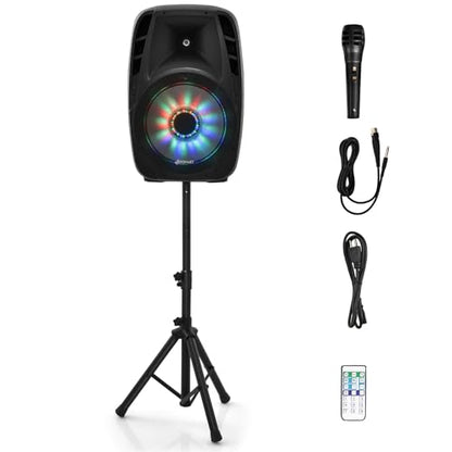 GOFLAME Portable 15" PA Speaker System Set, 1500W Powered 2-Way TWS Bluetooth DJ Party Speaker with Stand, Illuminating Light, USB/SD Card Reader, Microphone