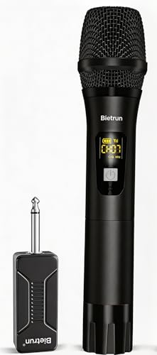 Bietrun Wireless Microphone, Dynamic Microphone with Rechargeable Receiver, Auto Connect,All Metal Design,160ft Range,Cordless Mic for Karaoke Machine,Amplifier Speaker,Mixer,iPhone,Camera, Interview - color: Black