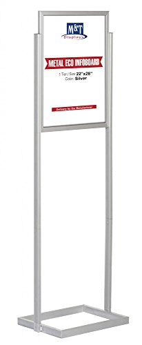 M&T Displays Metal Eco Info Board, Silver 22x28 Inches Slide-In Poster Sign Holder 1 Tier Double Sided Floor Standing Pedestal Advertising Display with Backing and Anti-Glare PET Cover - color: Silver, size: 22x28