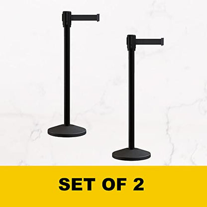 Montour Line M530 Set of 2 Retractable Belt Barrier Stanchion, Sloped Base, Black Powder Coated Post (7.5 ft Black Belt) - color: Black, size: 7.5 ft