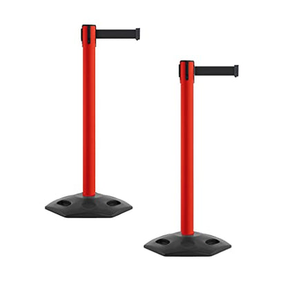 Montour Line MSR650 Set of 2 Retractable Belt Barrier Stanchion, Heavy-Duty Rubber Base, Red Steel Post (16 ft Black Belt) - color: Black, size: Red Steel