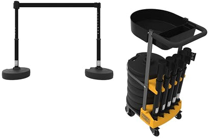 PL4000-BT Plus 75 ft Belt Barrier w/Cart Package & Tray | Mobile System, 5 Telescoping Stanchions, 15 ft Black Blank Retractable Banners, Accessory Tray - style: Black