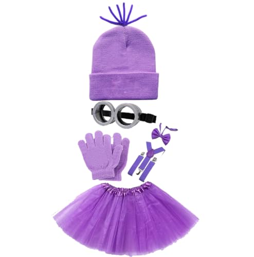 Halloween Costume Accessories Set, Yellow Beanie, Goggles, Suspenders with Bow Tie, 5 Pieces, for Boy and Girl Cosplay Party - color: Purple6