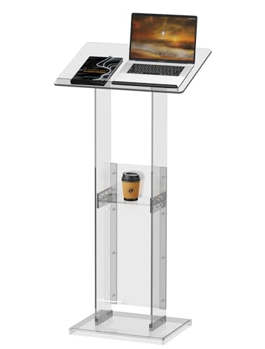 Acrylic Podium Stand with Storage Shelf, 45.5" Modern Clear Lectern with Reading Platform for Classroom, Weddings, Conference, Concert, Professional Presentation Podiums - color: White