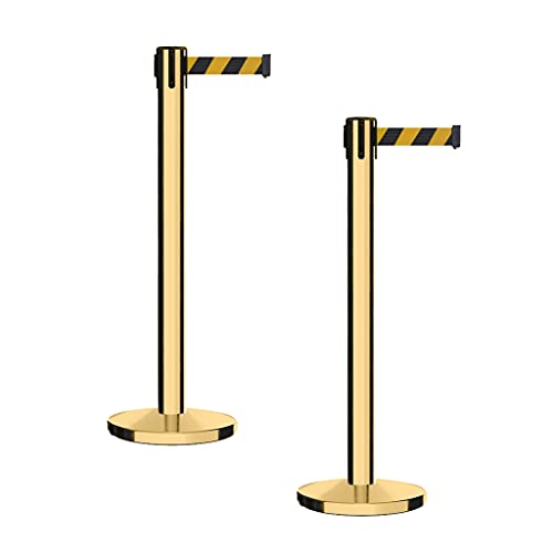 Montour Line MI650 Set of 2 Retractable Belt Barrier Stanchion, Cast Iron Base, Polished Brass Post (14 ft Black and Yellow Diagonal Belt) - color: Black and yellow diagonal, size: Polished Brass