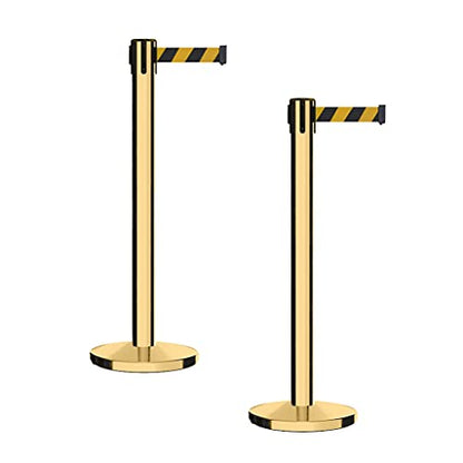 Montour Line MI650 Set of 2 Retractable Belt Barrier Stanchion, Cast Iron Base, Polished Brass Post (14 ft Black and Yellow Diagonal Belt) - color: Black and yellow diagonal, size: Polished Brass