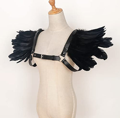 L'VOW Men Gothic Natural Real Feather Epaulet Shrug Shoulder Strap for Halloween Costume - Pack of 2 - color: C-belt Black