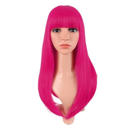 MapofBeauty 24 Inch Long Straight Flat Bangs Party Cosplay Wig, Hot Pink | 60 cm Synthetic Hair Wig, Heat Resistant, Women - color: Hot Pink