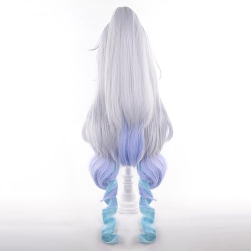 Lv999 Silver Wolf Grey Gradient Sky Blue Lake Blue Women Long Curly Hair,Split Tiger Clip Anime Game Halloween Party Costume with Free Hairnet - color: Grey Gradient Sky Blue